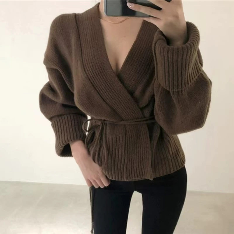 V-neck Short Knitted Cardigan Women Fall Winter Casual Loose Tied Long Sleeve Sweater Jacket 2 Colors