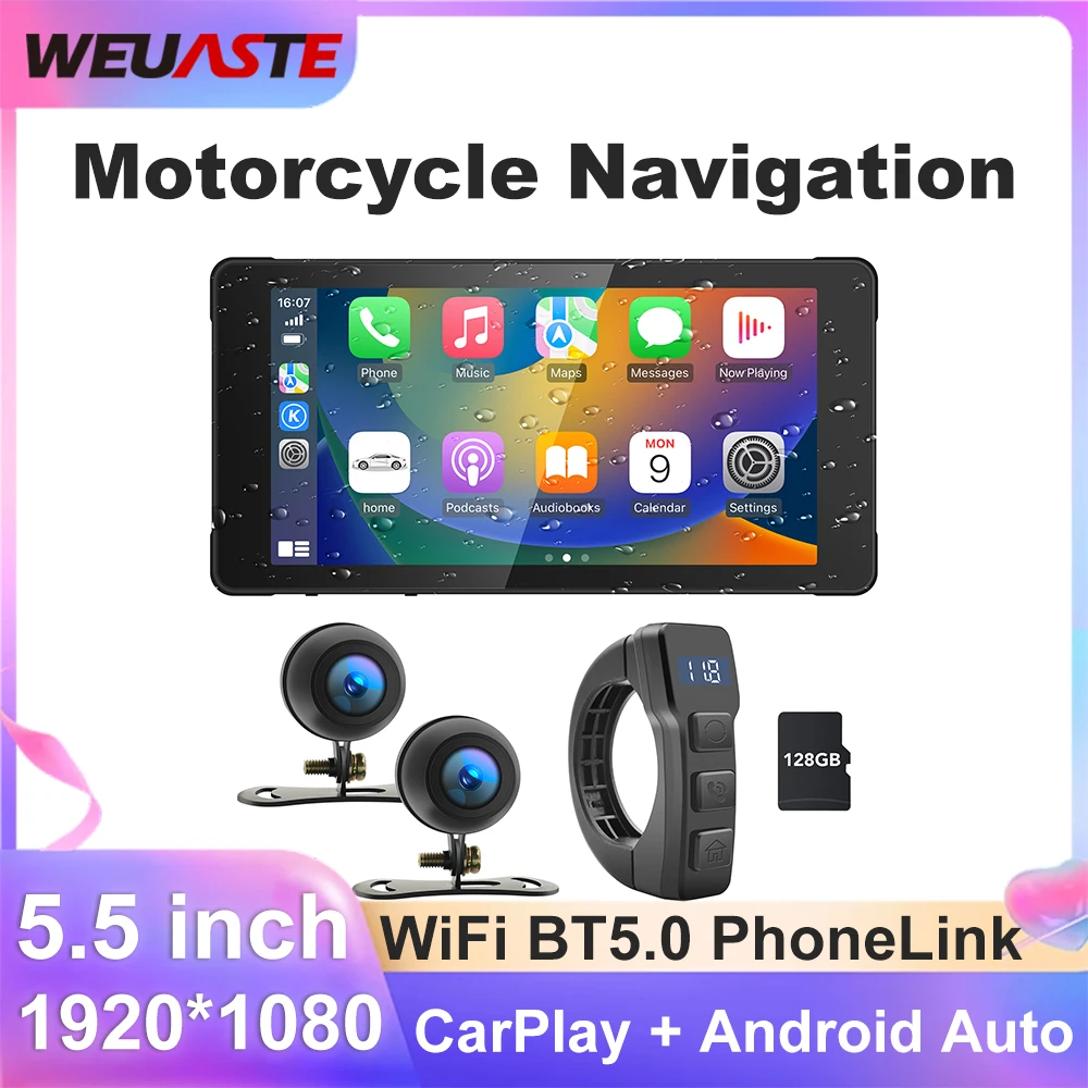 Portable 5.5 inch IP67 Waterproof Motorcycle GPS Navigation Wireless Carplay Android Auto DVR Drive Recorder Moto Monitor WIFI