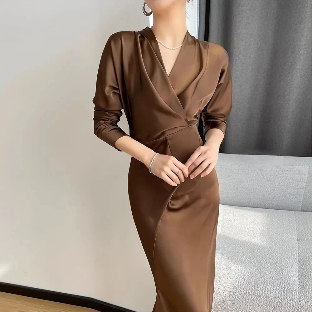 Coffee Color Fishtail Long Dress For Women Autumn French Deep V-neck Elegant Satin Dress Office Ladies Temperament Vestidos Robe