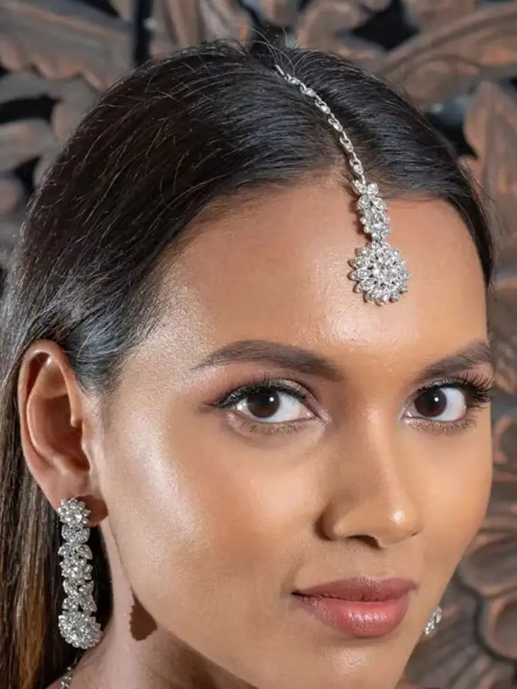 Cubic Zirconia Maang Tikka Head Chain Dangle Crystal Forehead Headpiece Indian Bridal Wedding Bohemian Party Hair Pin Women Hair