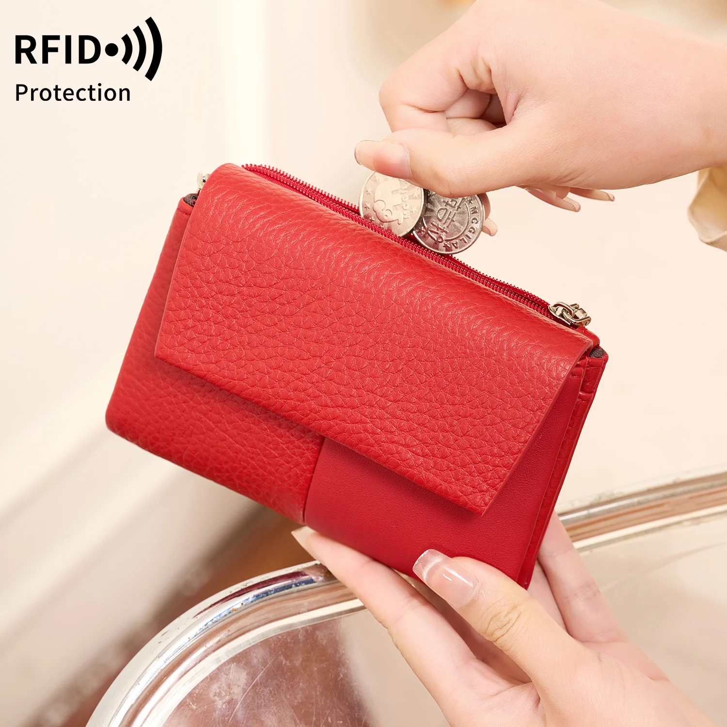 Women's Wallet RFID Tri-fold Multi-card Slot Card Holder Fashionably Simple Large Capacity Clutch Bag with Zipper Coin Pocket