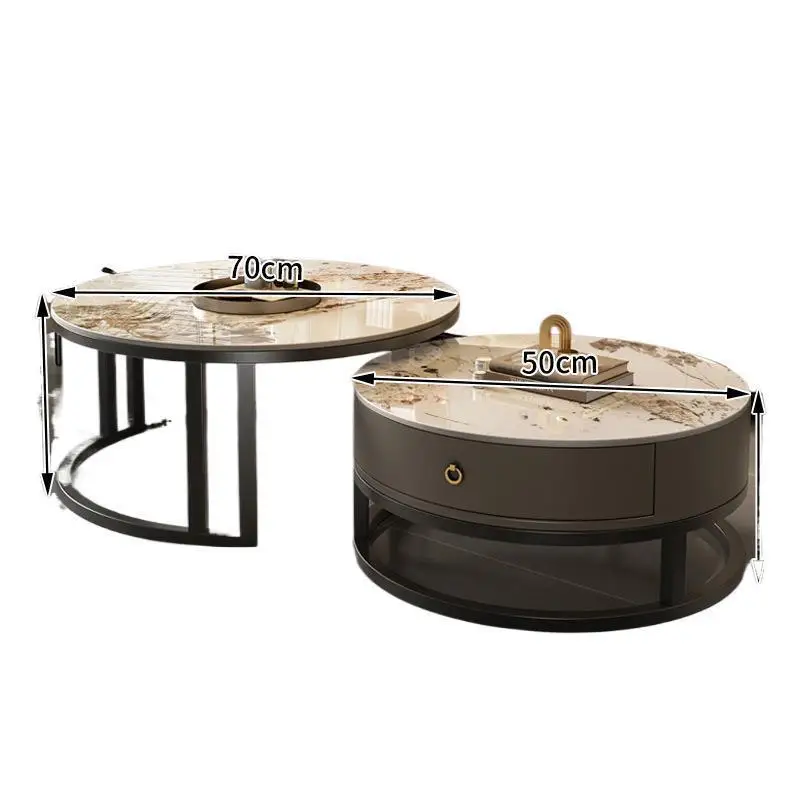 

Rock slab light luxury modern simple round small apartment coffee table living room home minimalist double layer