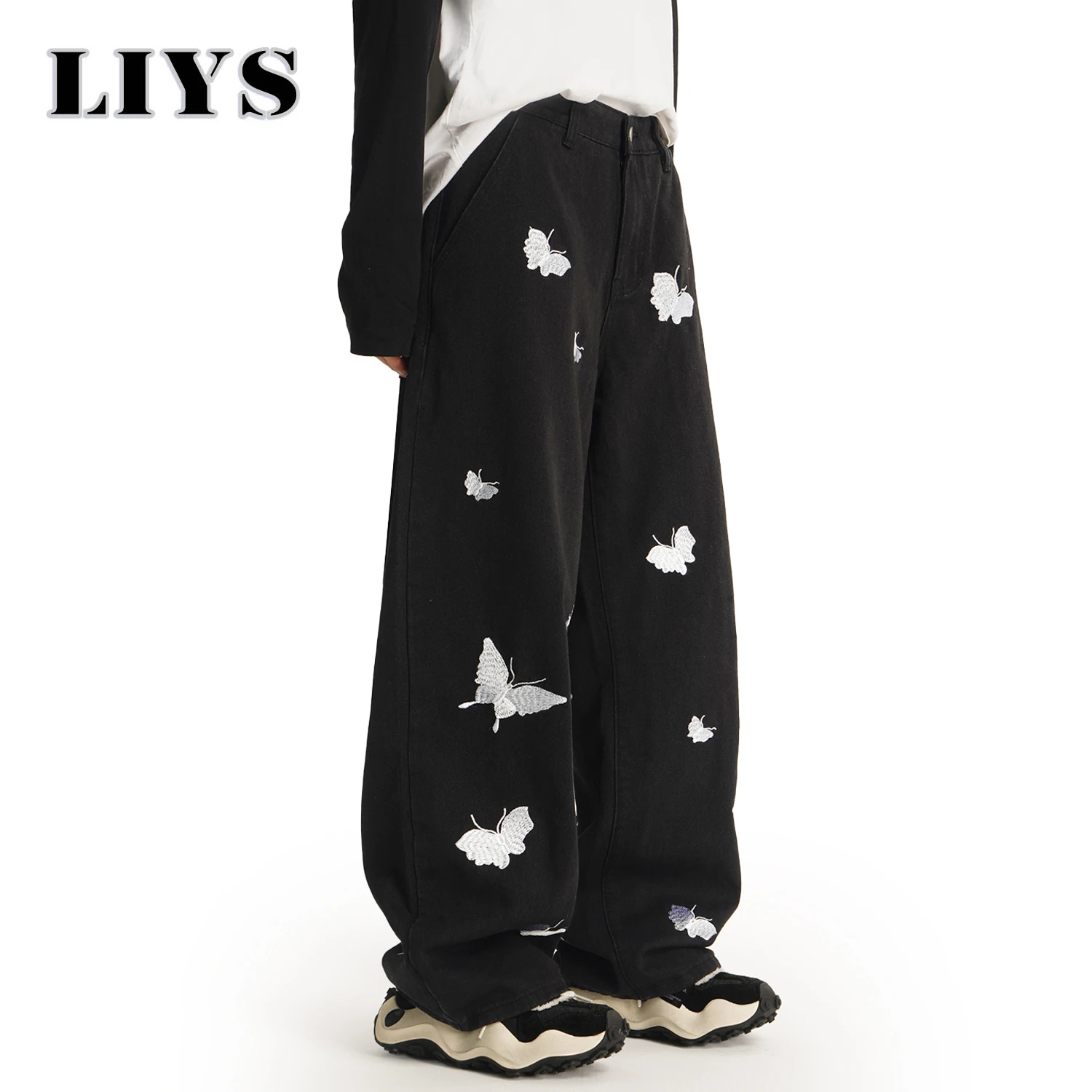 الكورية السوداء عارضة Y2K فضفاض واسعة الساق الرجال الجينز الأمريكية الرجعية فراشة التطريز فضفاض المتخصصة تصميم للجنسين الدنيم السراويل