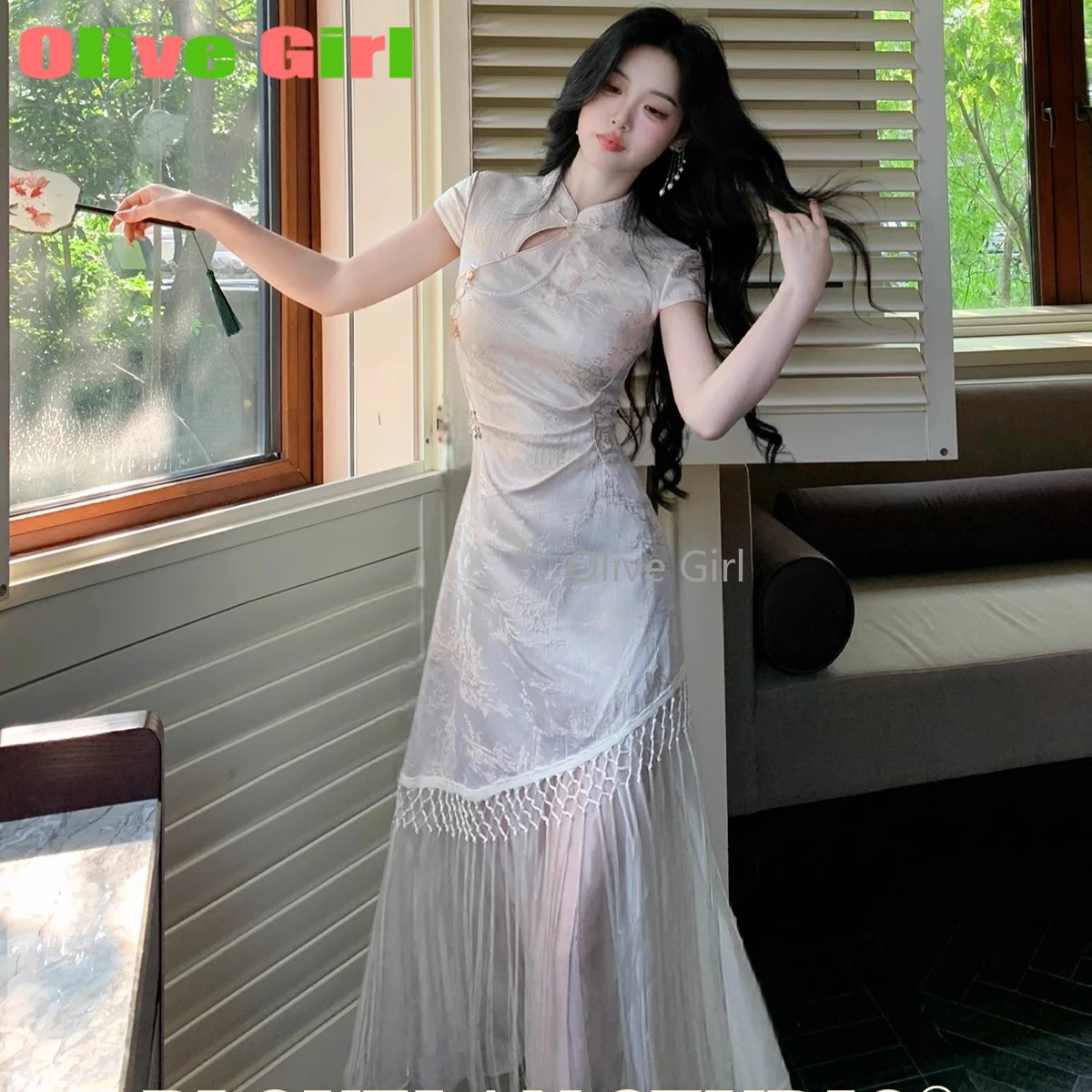 Chinese traditional dress slim tassel splicing jacquard waist cinched cheongsam qipao summer fairy beautiful women's clothing
