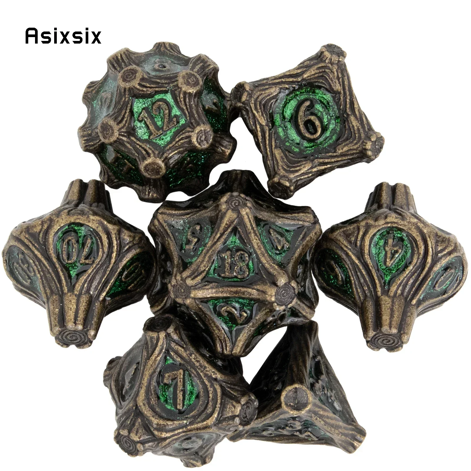 

7 Pcs GreenTree Stump Root Metal Dice Solid Metal Polyhedral Dice Set Suitable For Role-Playing RPG Gift Card Party Dice Prop