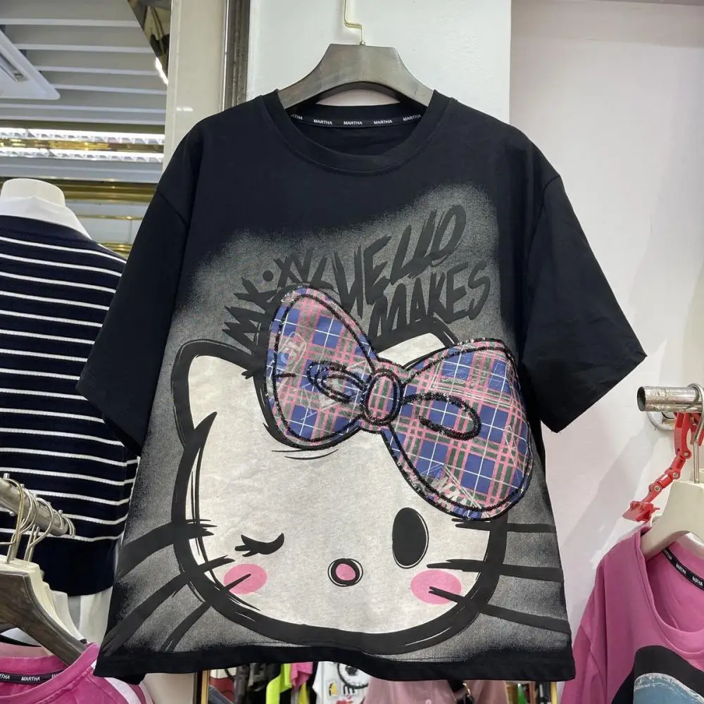 

Хлопковая футболка Y2K Hello Kitty, летняя футболка Sanrio с аниме, милые девушки большого размера, свободные топы с короткими рукавами и круглым вырезом