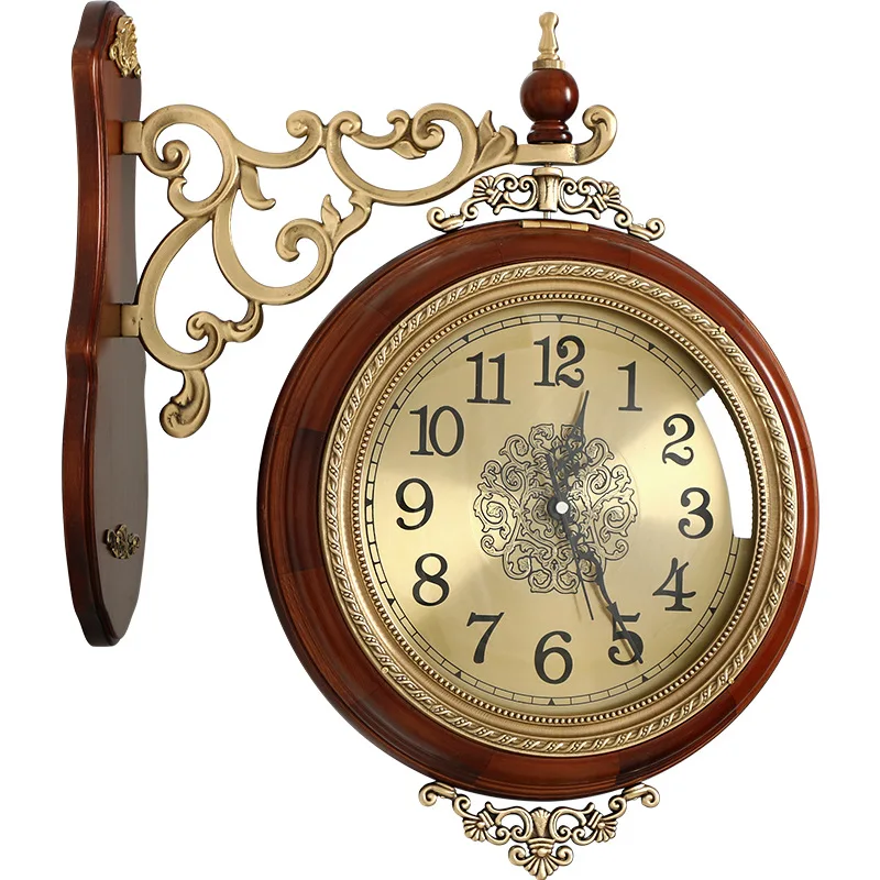 Living room decoration silent wall watch, European fashion brass, solid wood light luxury, simple and creative, two sided clock