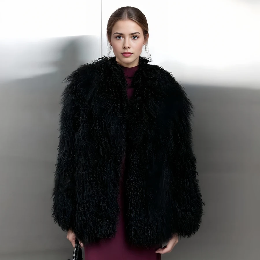 Cappotto di vera pelliccia mongola Cappotto di lana di pecora da donna nero Cappotto corto di pelliccia di agnello con colletto Giacca pelosa Cappotto di pelliccia naturale di lusso