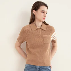 TC-250 Spring Summer High Quality Women's 100% Wool Short Sleeve Roll-Neck Knit Sweater