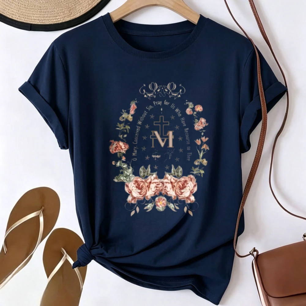 Vintage Floral Miraculous Medal Cross Graphic T-shirt Men Women Catholic Religious Mary Rose Wreath Tee Faith Prayer Believer