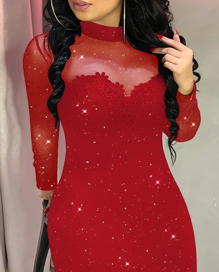 Kleid Damenmode 2025, Frühjahr/Sommer, Übergröße, Stehkragen, lange Ärmel, durchsichtiges Netz, rückenfrei, schmale Passform, figurbetontes Party-Minikleid