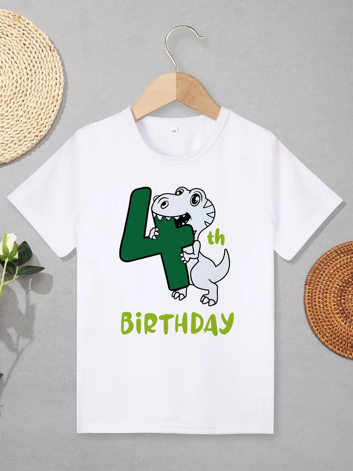 4 Year Boy Birthday T-shirt Short Sleeve Cute Dinosaur Print Cartoon Fashion Party Children's Clothing High Quality Breathable