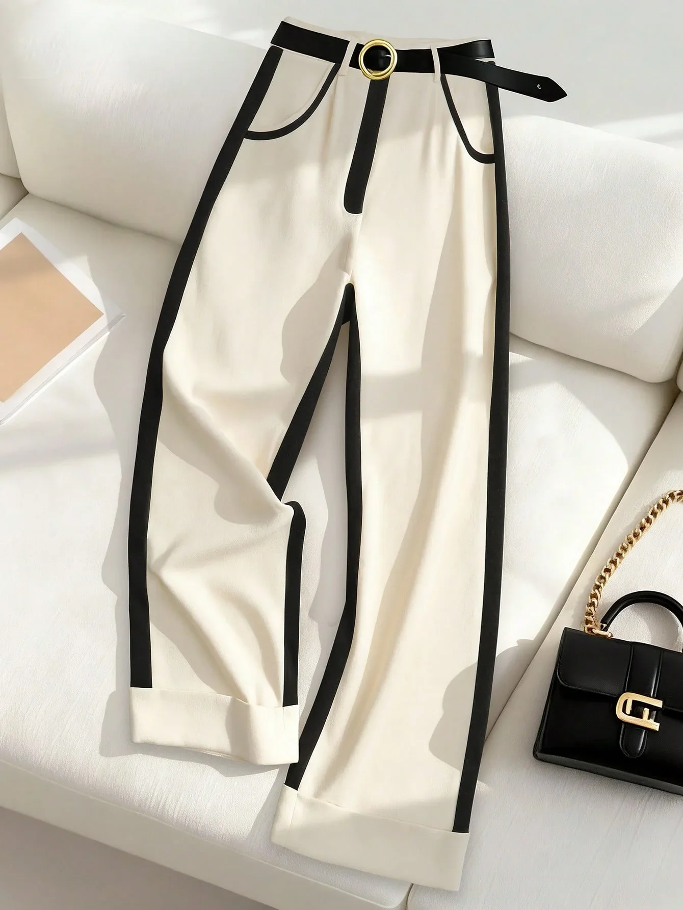 Ladies' spring and autumn slimming color-blocking and patchwork casual versatile long pants