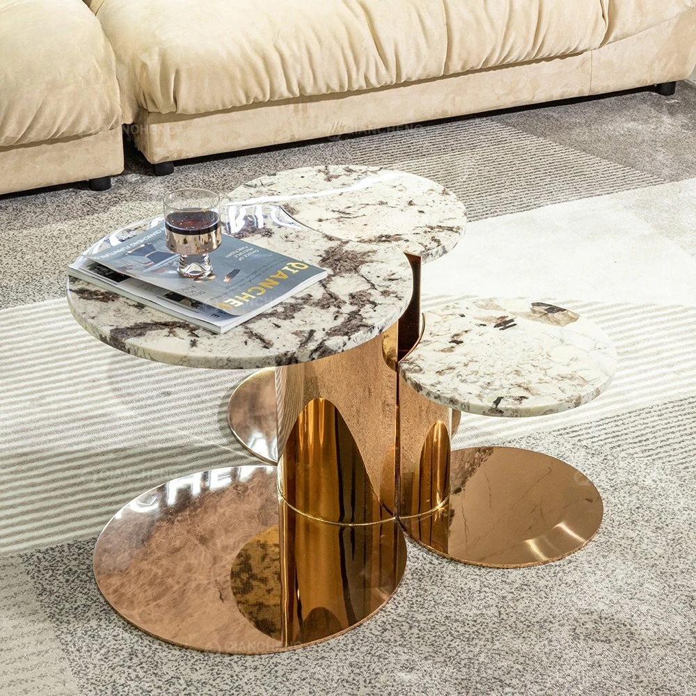 Antique gold coffee table, luxurious central metal marble sofa