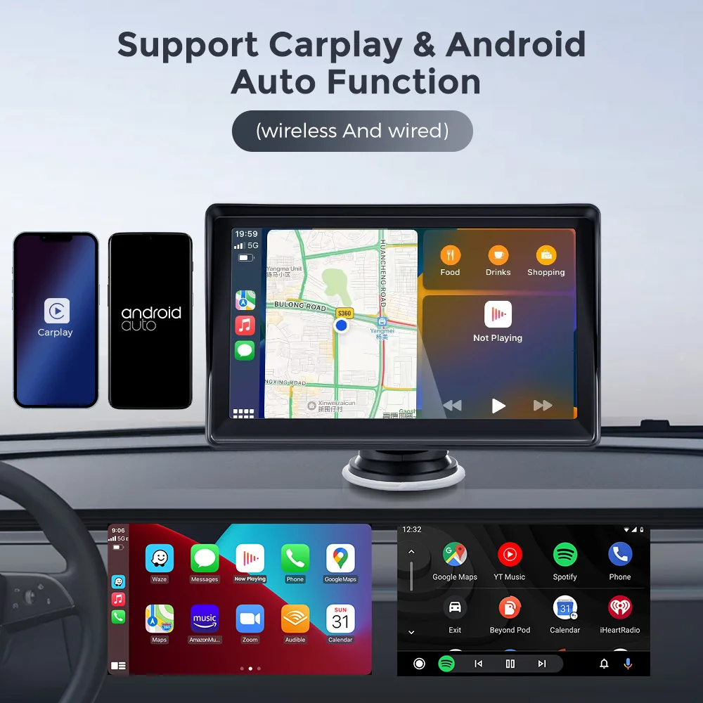 7 inch Portable Car Radio  Wireless CarPlay Android Auto Universal Touch Screen Multimedia Video PlayerWith FM Rear View Camera