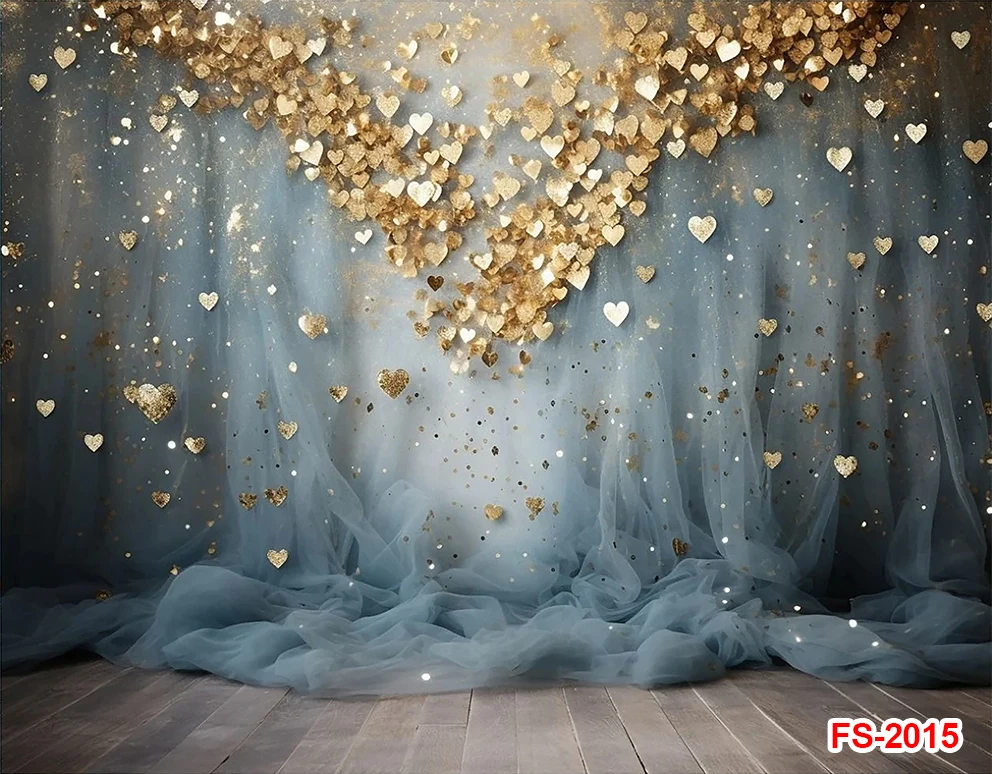 Photography Background Valentine's Day Blue Gold Heart Kids Adult Birthday Party Portrait Decor Backdrop Photo Studio