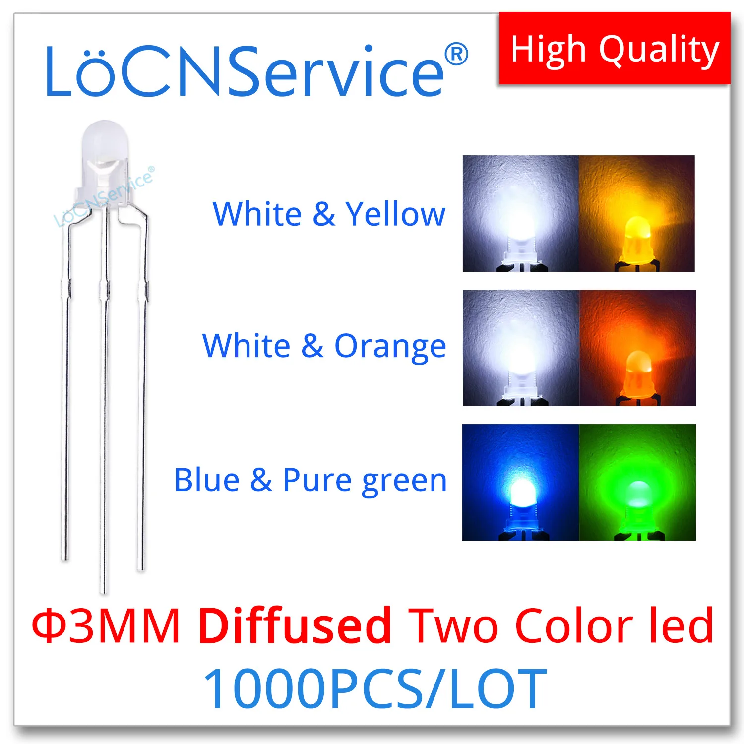 

1000PCS 3mm F3 Diffused Two Color Bicolor White Yellow Orange green blue DIP LED Bead Light Emitting Diode Common Cathode Anode