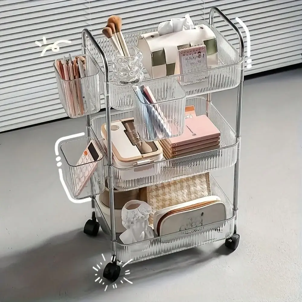 3 4Tier Acrylic MultiUse Rolling Cart, Modern Clear Design With Alloy Handle 360 Wheels Hanging Storage, Portable Organizer