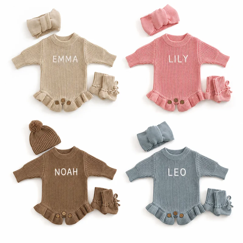 Custom Name Baby Knitted Romper Cotton Warm Long Sleeve Bodysuit Personalized Newborn Outfit Autumn Infant Jumpsuit Clothes Sets