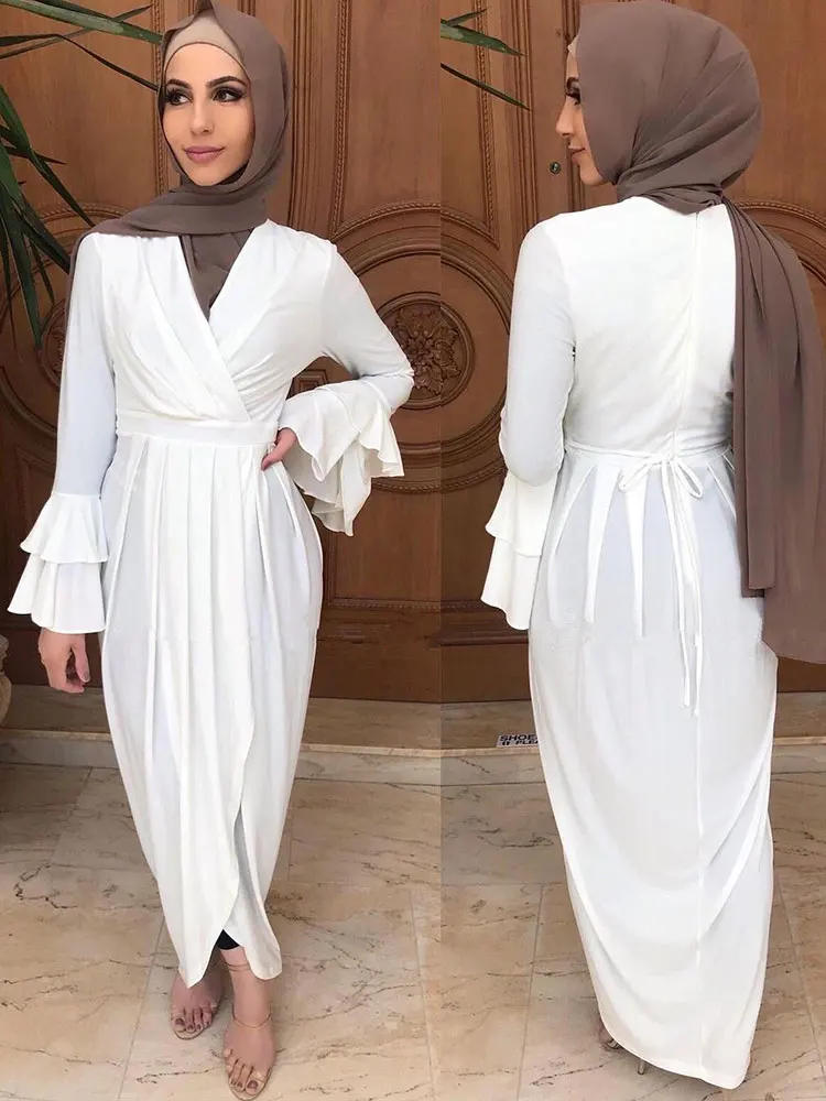 Wrap Front Long Dress Abaya Muslim Women Fashion Flare Sleeve Pleated Front Slit Party Dresses Islamic Arabic Turkey Clothes