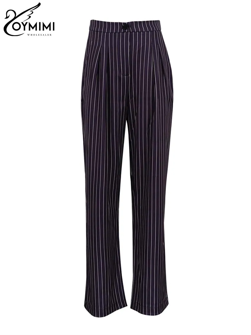 Oymimi Elegant Black Striped Print Women Pants Fashion Mid Waisted Straight Trousers Casual Office Full Length Pants Female