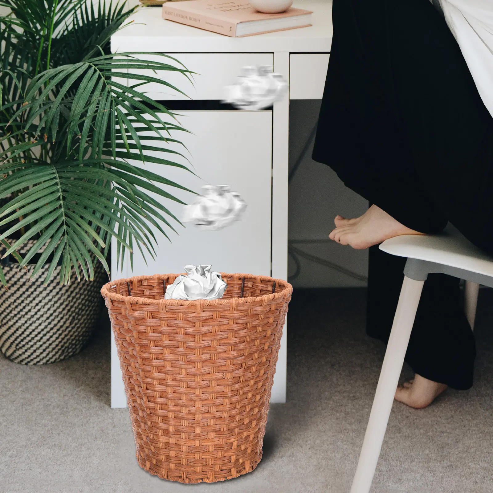

Imitation Rattan Woven Storage Basket Plastic Household Organizer Trash Can Sundries Container Decorative Basket