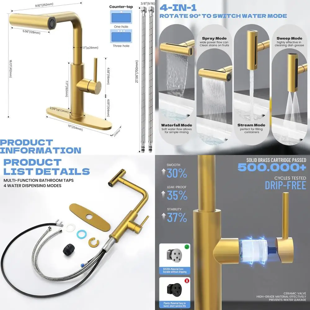 

Stainless Steel Pull-Down Spray Faucet, 4-Mode Single Lever, Brushed Gold Kitchen Sink Mixer