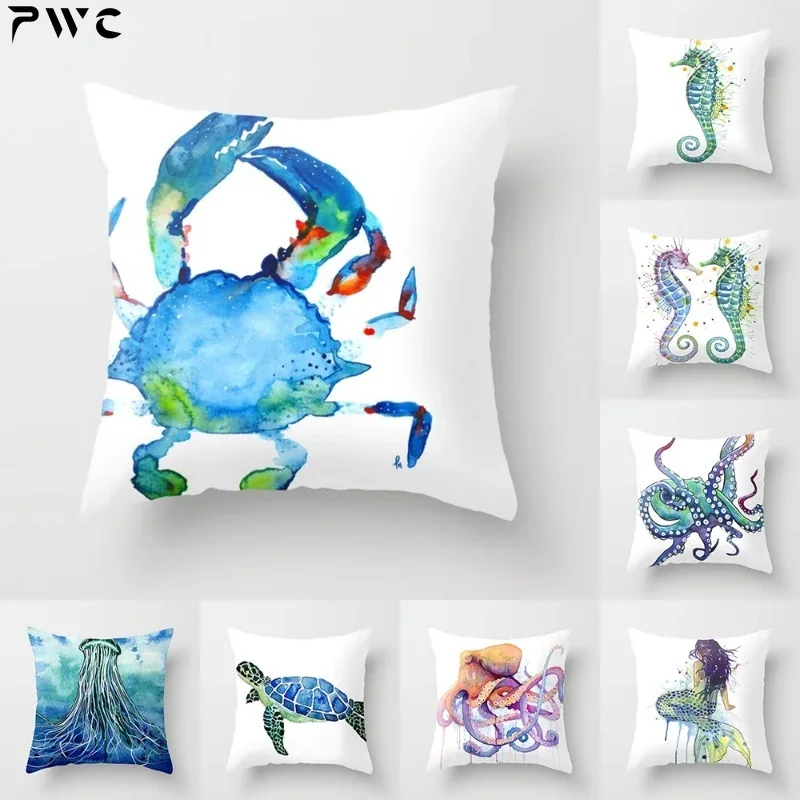 

Watercolor Marine Life Starfish Octopus Print Pattern Cushion Cover Home Living Room Sofa Decoration Square