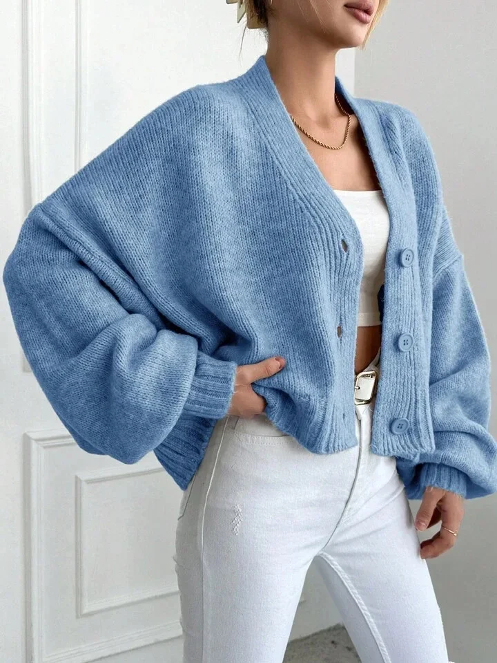 2025 autumn/winter new casual loose lantern sleeve knitted sweater long sleeved  basic Simple Knitted cardigan women