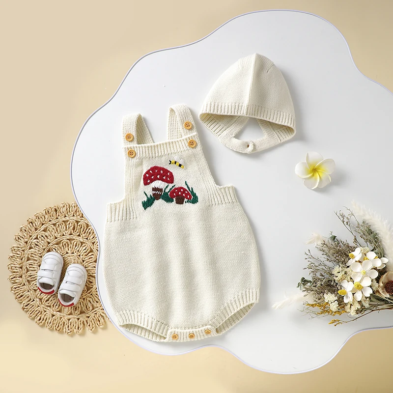 Newborn Infant Baby Girls Bodysuits 0-18m Sleeveless Knitted Toddler Kids Boys Girls Onesie Jumpsuits Hats Outfit Sets 2pcs Wear