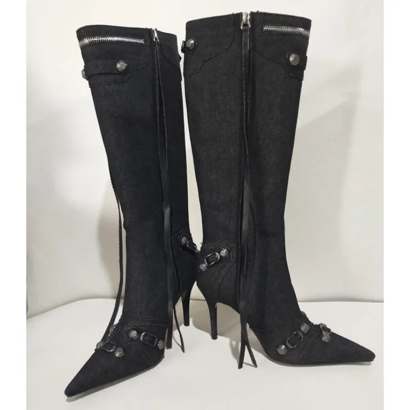 New 2024 Brand Design Knee High Boots Fashion Rivet Pointed Thin Heel Women\'s Boots 34-43 Fashion Hot Girls Denim Model Boots