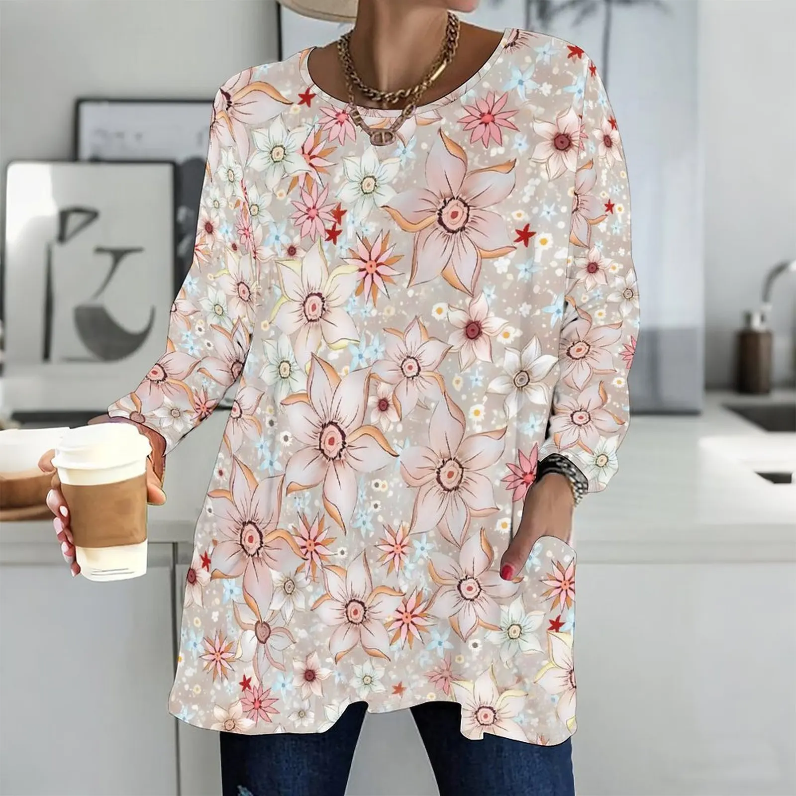 Women Printed Top Round Neck Long Sleeve Front Pockets Loose Fit Longline