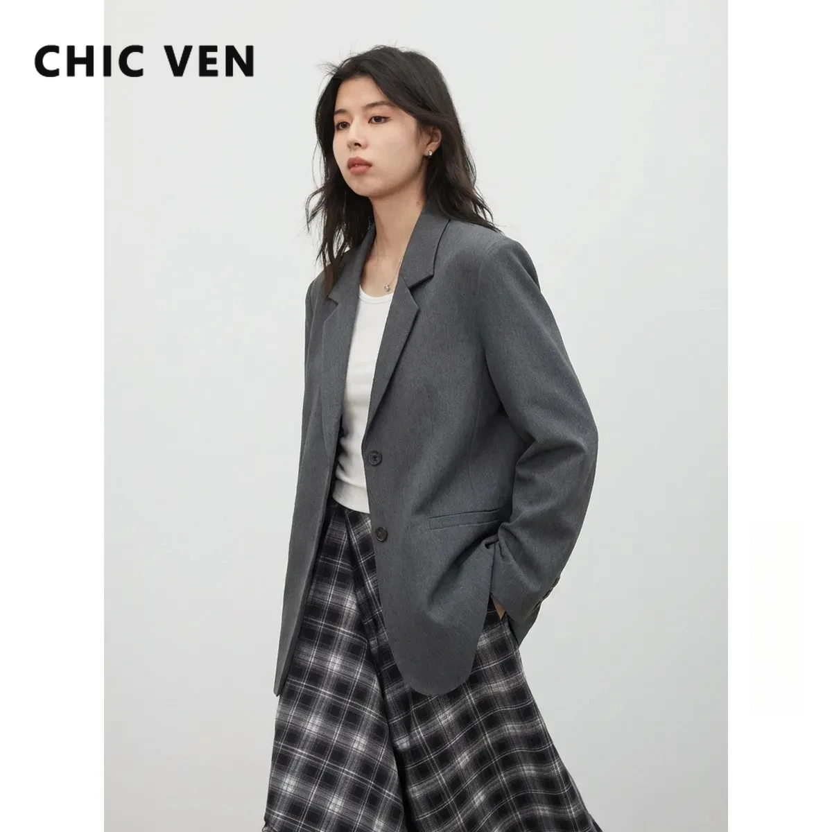 CHIC VEN Korean Women Blazers Solid Single-breasted Loose Casual Office Ladies Oversized Coat Spring Autumn 2026 Outwear