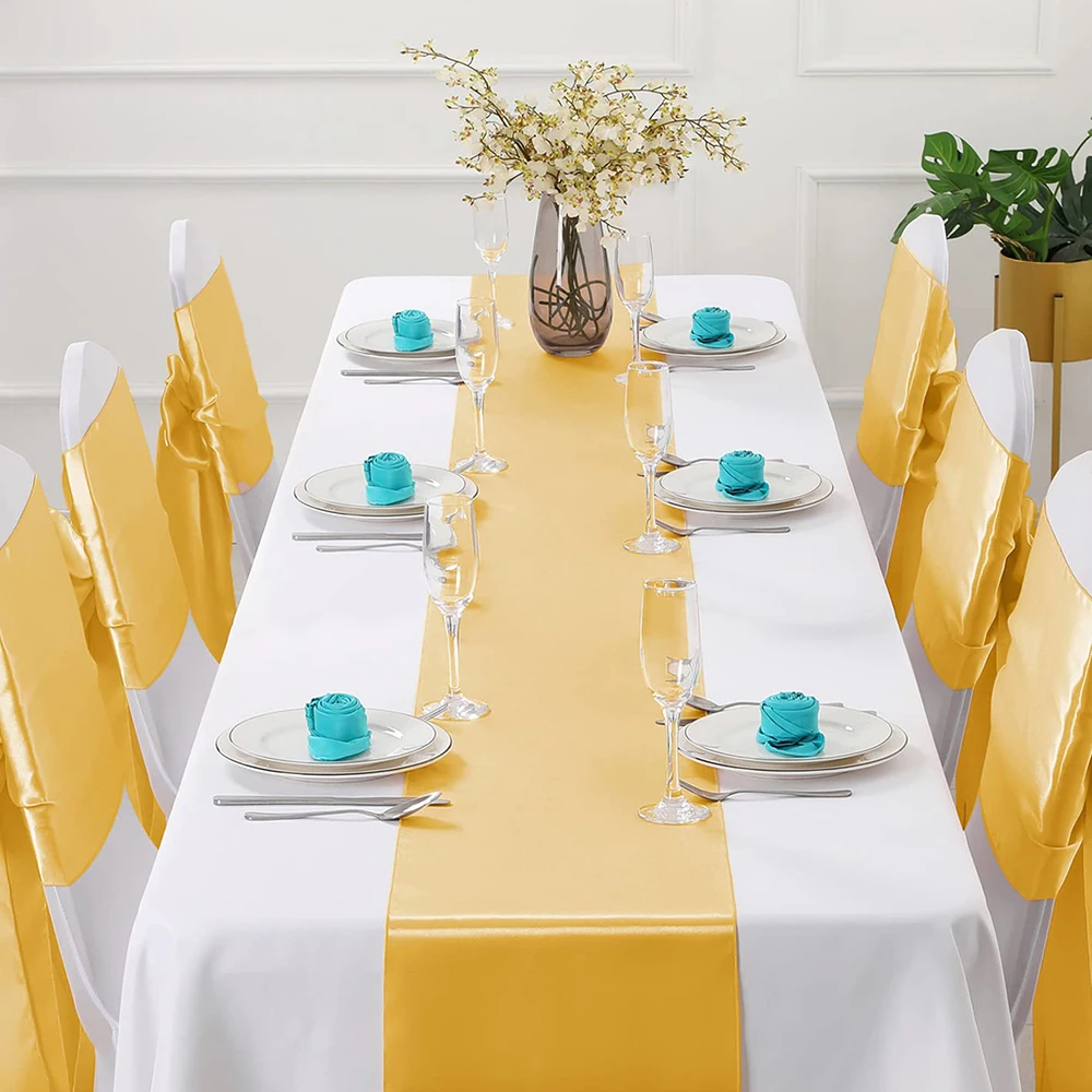 Premium Satin Table Runner Gold Table Flags Wedding Silk Fabric for Banquet, Graduation Birthday Party Decorations Table Decor