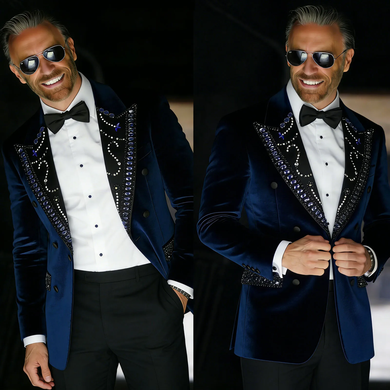 Charming Blue Velvet Crystal Beaded Men Suits Jacket One Piece Plus Size Customized Formal Tuxedos Groom Suits Homme Costume
