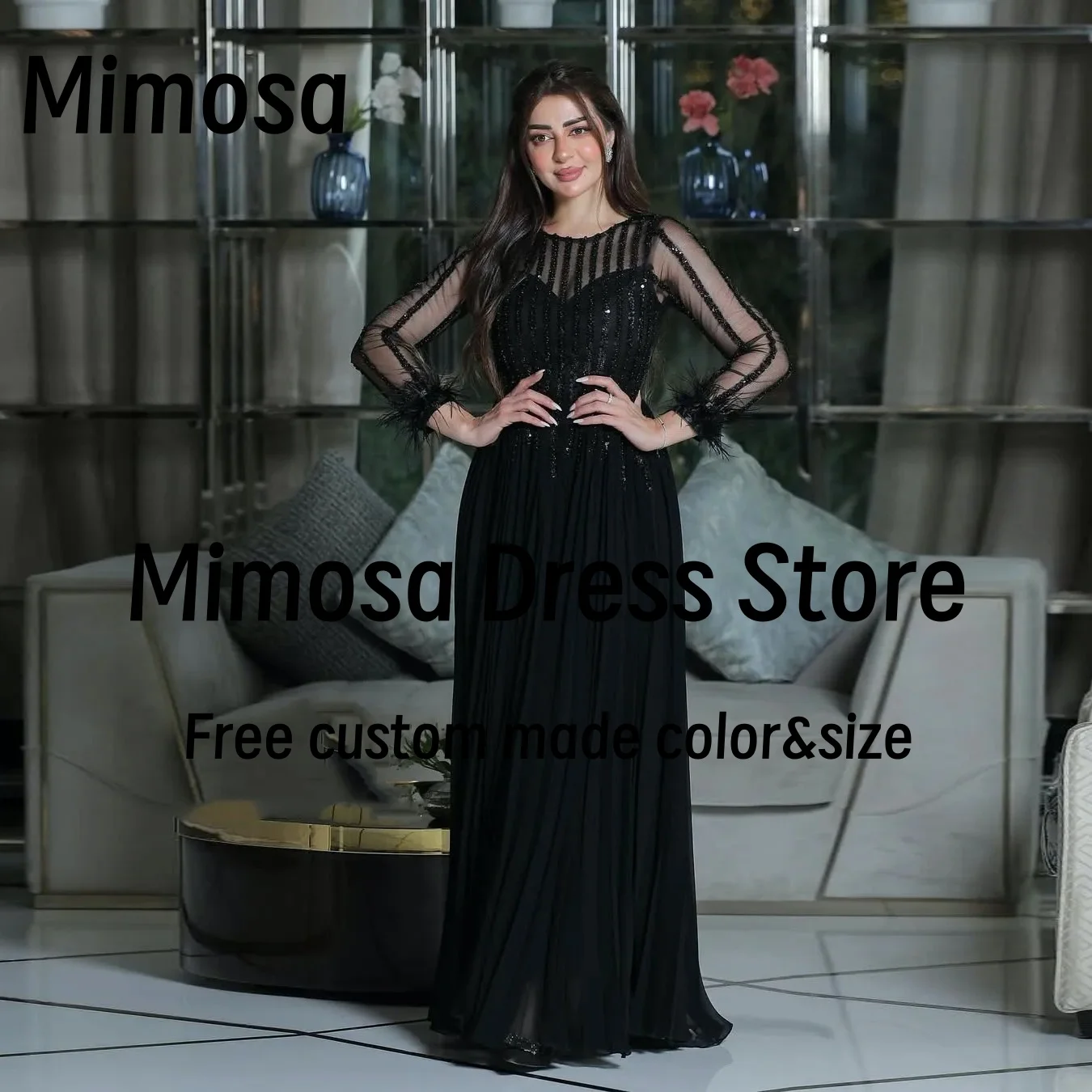

Mimosa Vestidos Prom Dresses Sequins Stripes Feathers Long Sleeves Evening Gowns Ruched Chiffon Formal Occasion Dress Customized