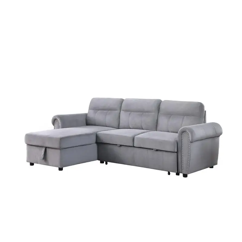 96.5" Gray Velvet Fabric Reversible Sleeper Sectional Sofa Chaise for Living Room, Modern Design, Comfortable and Versatile