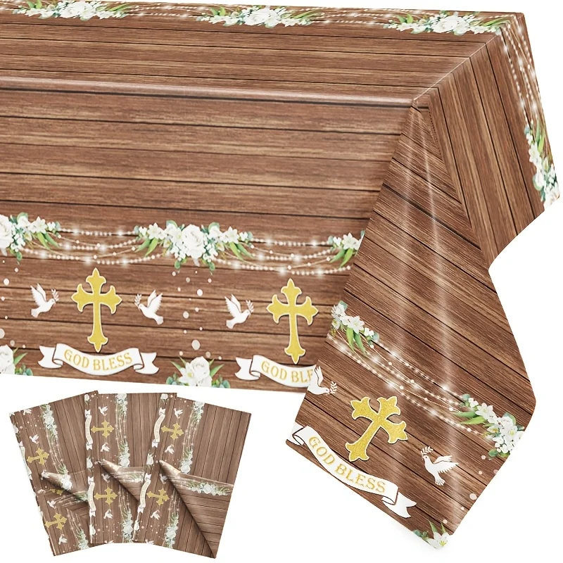 Nappe jetable en PE motif croix en bois 137x274cm pour Baptême, Communion, Mariage, Facile à nettoyer, Décoration rustique Thème Foi, Que Dieu bénisse