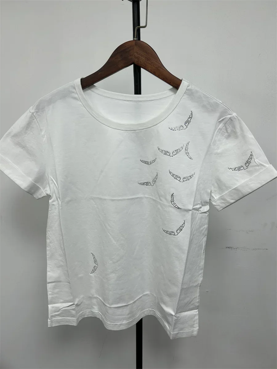 

Cotton Women White or Black Tee Wing Hot Rhinestone T-Shirt New Summer