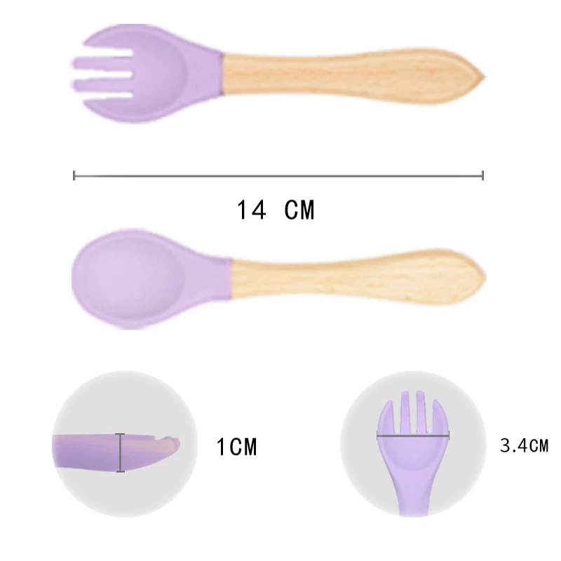 2Pcs Children\'s Wooden Handle Silicone Fork Spoon Soft and Resistant To Falling Baby Feeding Spoon Set Auxiliary Food Fork Spoon