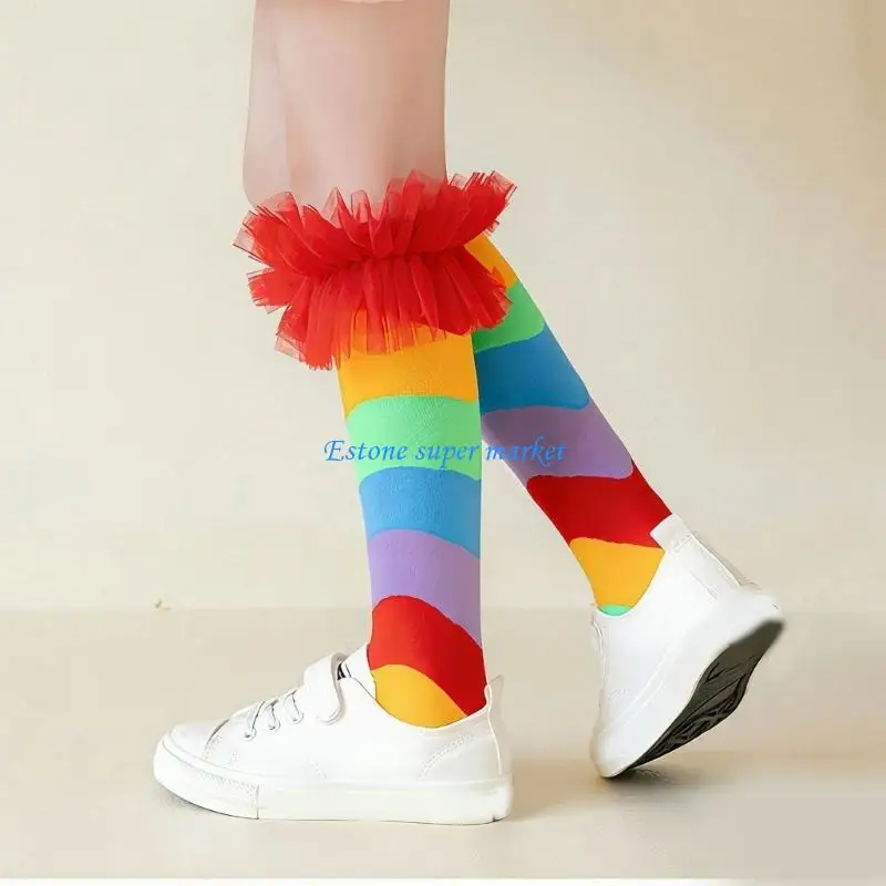 

090B Durable Kids Socks Colorful Rainbow Designs & Lace Accent Soft Fabric Socks Girls Long Socks Pair for Active