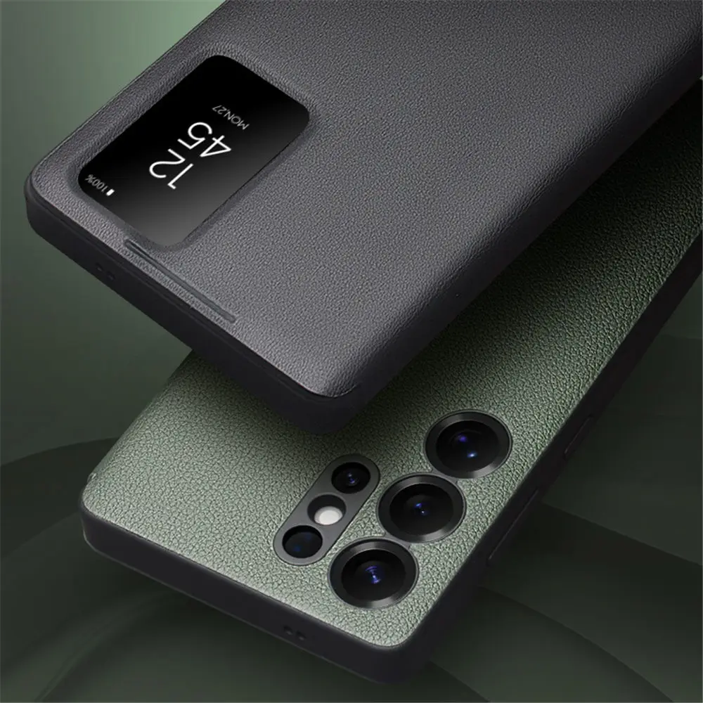 Genuine Cowhide Leather Card Slot Case for Samsung Galaxy S25 S26 Ultra Smart Window View Cover