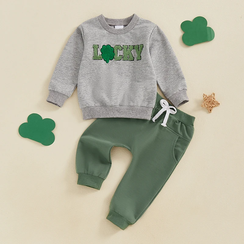 Baby Boy 2Pcs Spring Outfit Long Sleeve Shamrock Embroidery Sweatshirt + Trousers Set Toddler Clothes