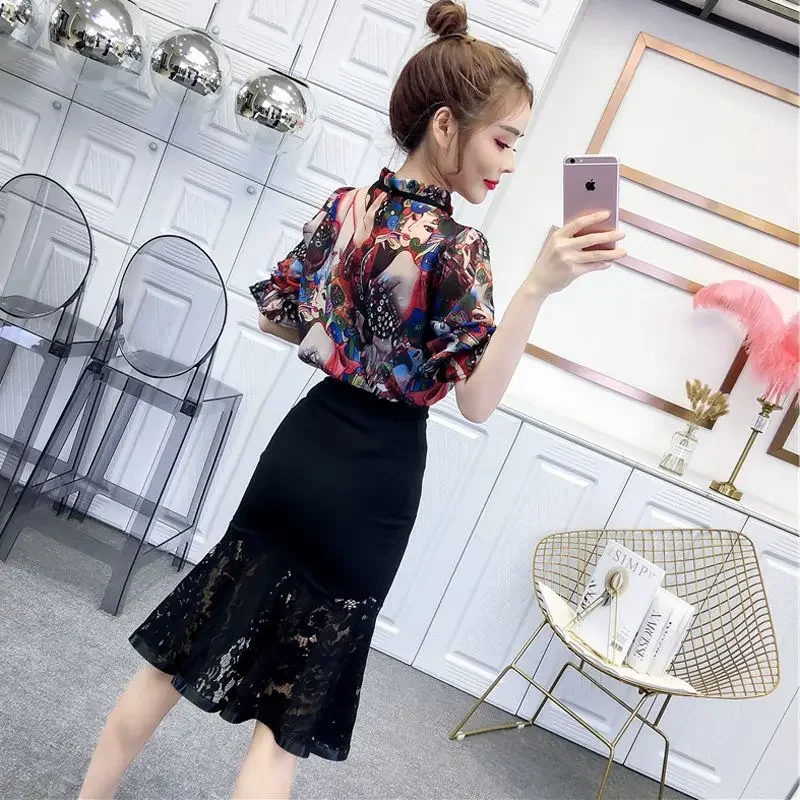 Short Sleeve Lace Sexy Ruffles Lightly Cooked Skirt 2 Pieces Sets for Women Mini Party Woman Outfit Full Matching Formal Event