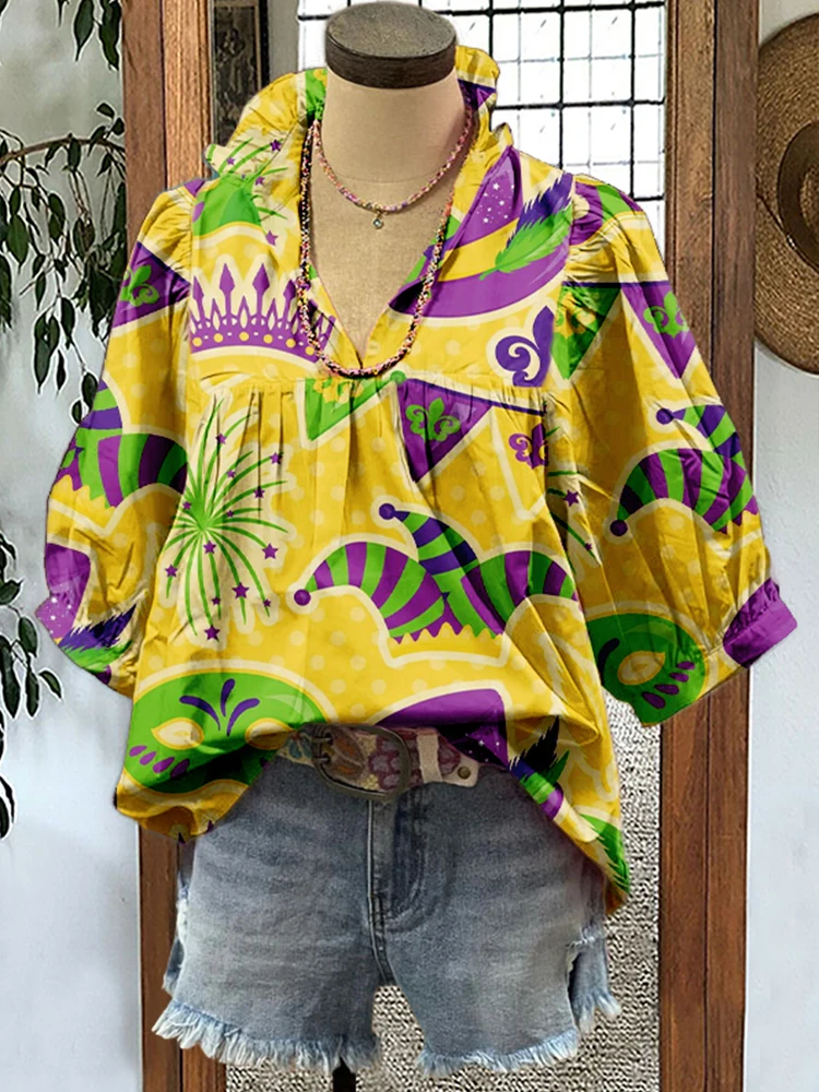 Cute Mardi Gras Puff Sleeve Blouse