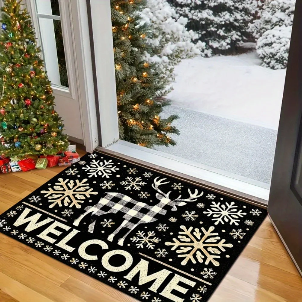 Christmas Santa Hat Doormat Funny Ho Ho Ho Lettering Snowing Black Entrance Carpet For Holiday Party Front Door Floor Mat
