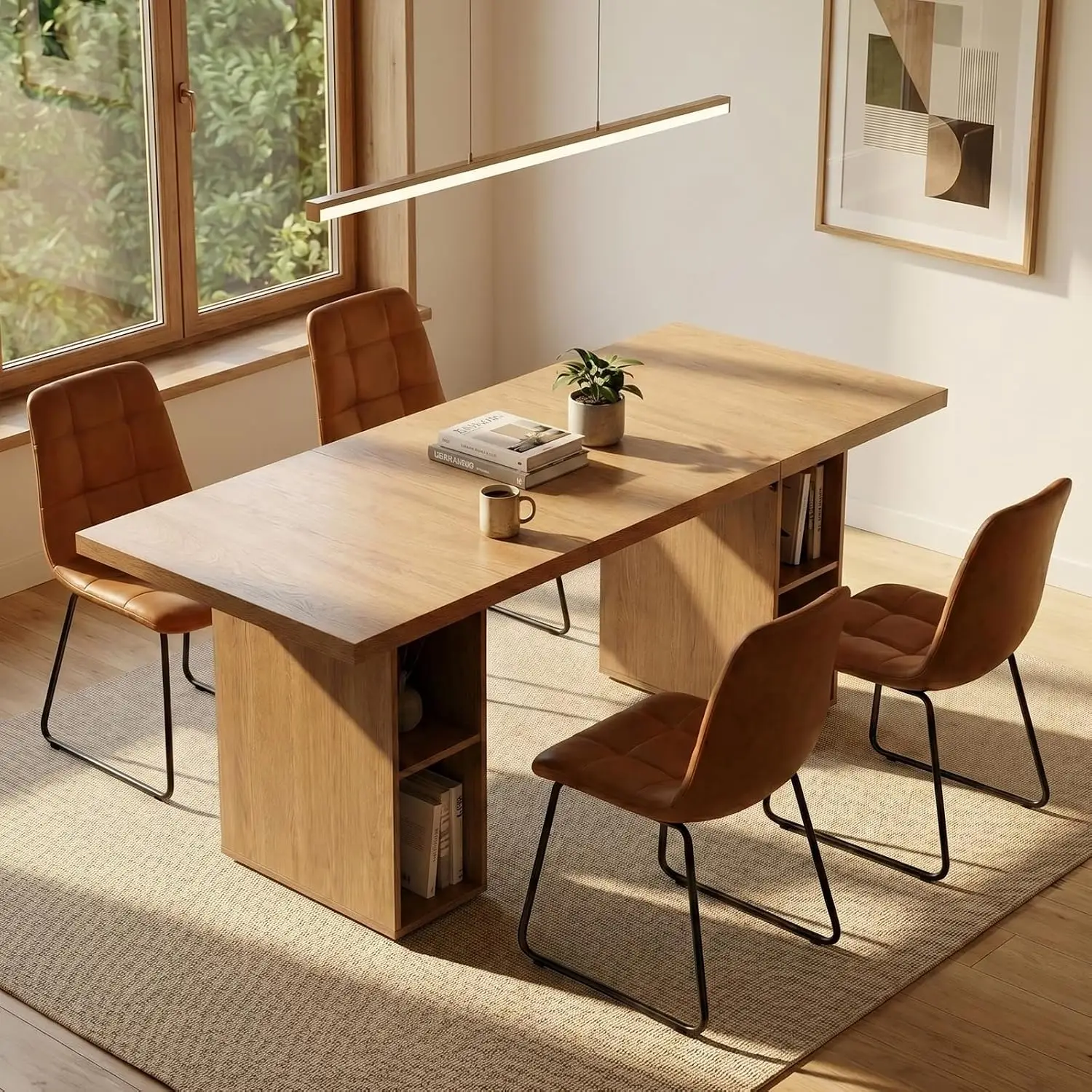 70.8 Inch Wooden Dining Table Set with 6 PU Leather Chairs & Storage Shelves, Nordic Kitchen Furniture 4-6 People, Customized