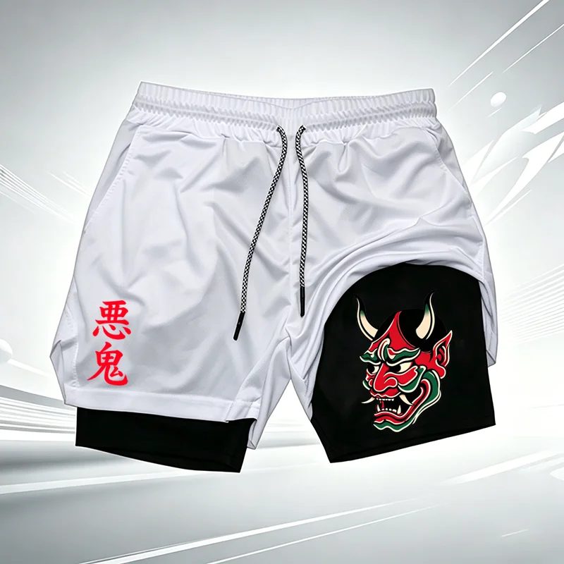 Men 2 in 1 Running Shorts Oni Mask Demon Print Quick Dry Gym Workout Shorts Compression Liner Sports Fitness Jogging Shorts w346