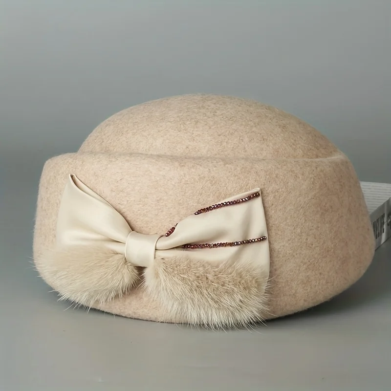 2024 winter new beret Australian wool hat felt hat elegant retro painter hat bow flight attendant hat