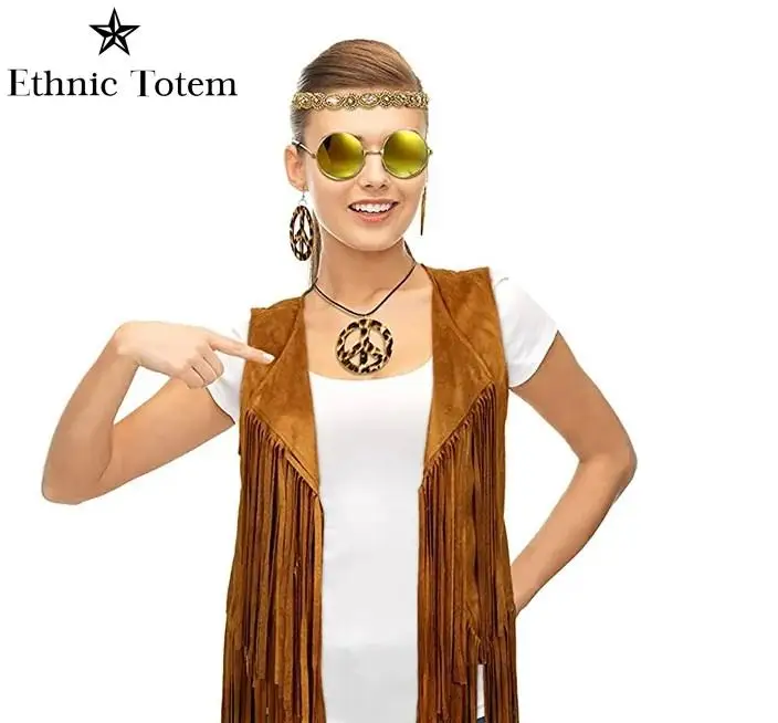Vrouw 60S 70S Hippie Kostuum Accessoire 4-delige Luipaard Print Vintage Zonnebril Vrede Teken Ketting Oorbellen Haarband Sieraden
